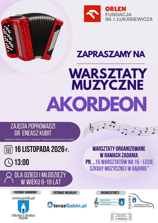 Zaproszenie na warsztaty w Szkole Muzycznej I stopnia im. St. Moniuszki w Gąbinie
