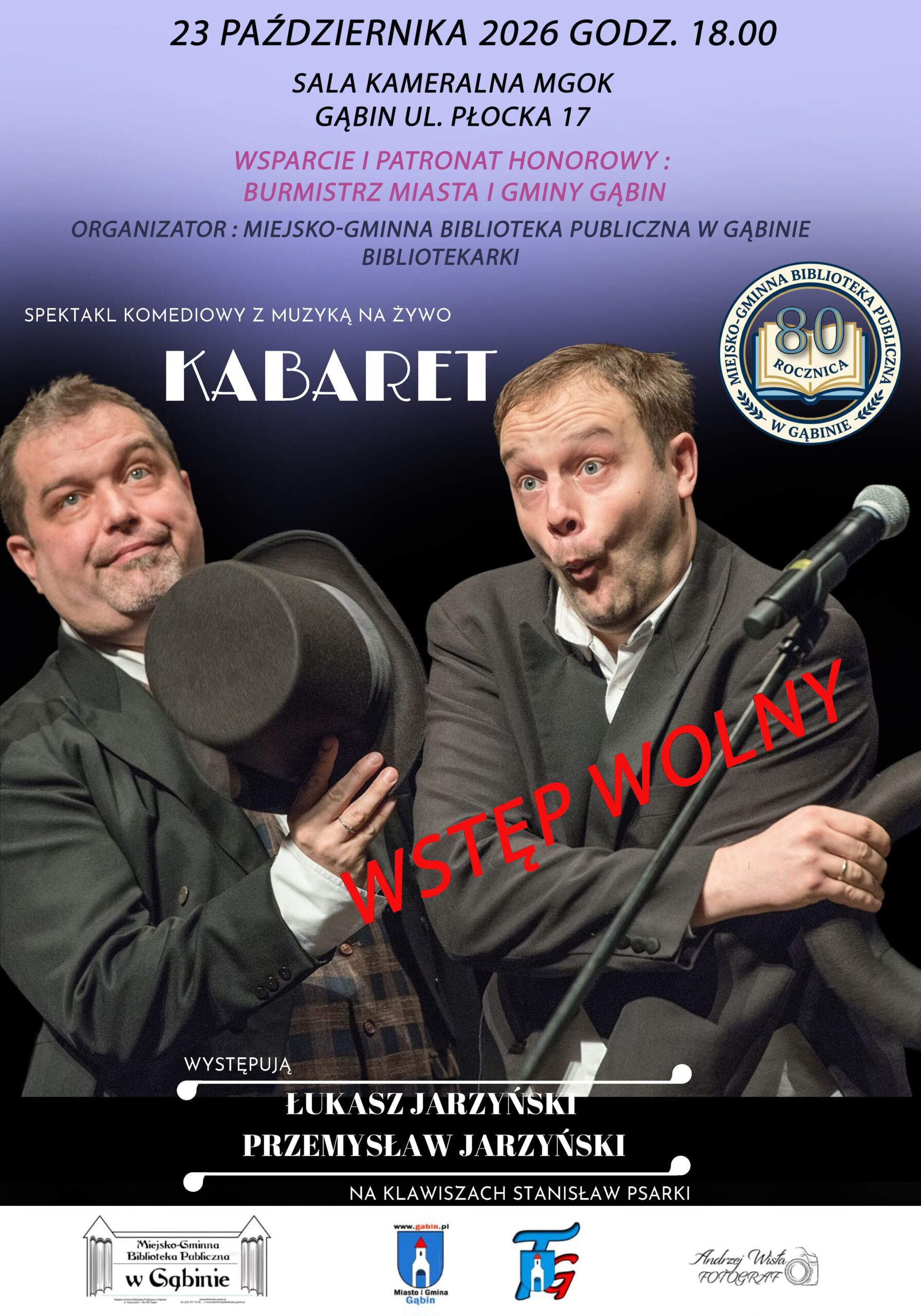 Zaproszenie na spektakl komediowy z muzyką na żywo „Kabaret” w wykonaniu Łukasza Jarzyńskiego i Przemysława Jarzyńskiego